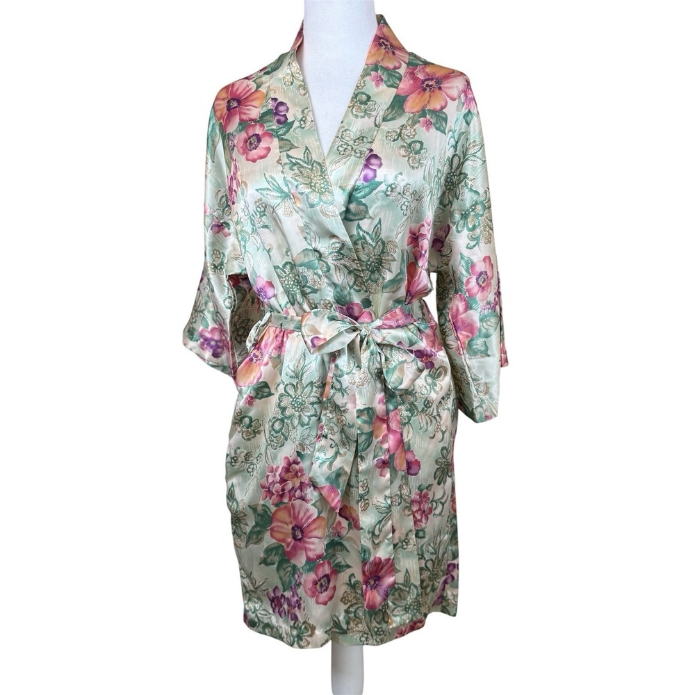 Vintage California Dynasty Small Satin Floral Robe Multicolor Bloomcore Romantic